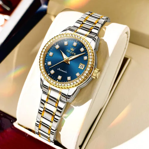 Vista 2 de OLEVS Reloj automático para mujer, de lujo, con diamantes de lujo, cuerda automática, impermeable, fecha luminosa