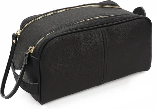 Vista 5 de Neceser de cuero genuino para hombres, organizador pequeño de artículos de tocador, kit de aseo para colgar, bolsa de viaje para hombre, bolsa