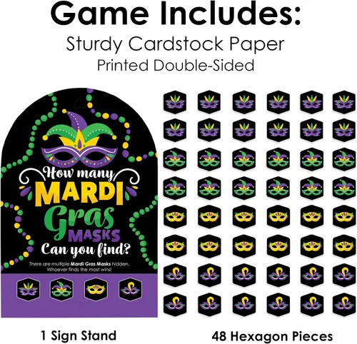 Vista 4 de Big Dot of Happiness Máscara colorida de Mardi Gras, caza del tesoro para fiesta de máscaras, 1 soporte y 48 piezas de juego, juego de ocultar