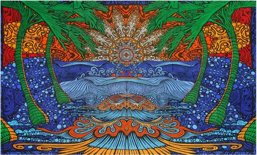 Vista 8 de Tapiz / mantel, alegría solar 3D, paraíso tropical, ola de surf, palmera. Clásico