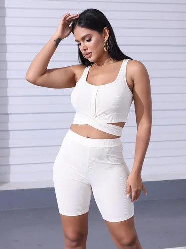 Vista 4 de Halfword Conjuntos de entrenamiento para mujer, acanalados, con tirantes cruzados, pantalones cortos, conjuntos de 2 piezas
