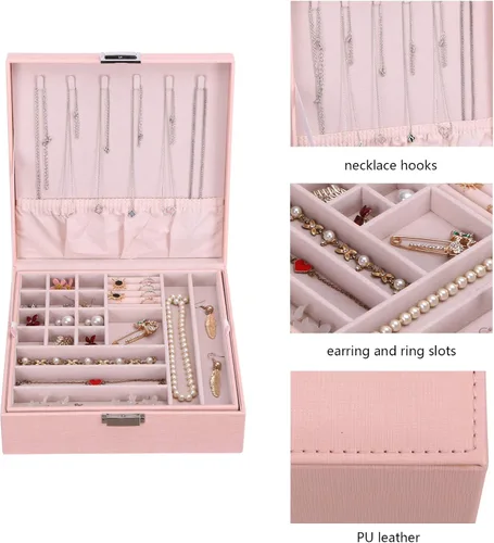 Vista 4 de BEWISHOME Joyero para niñas, organizador de joyas de 35 compartimentos, 6 ganchos para collares, 2 capas, cajas de joyería, estuche