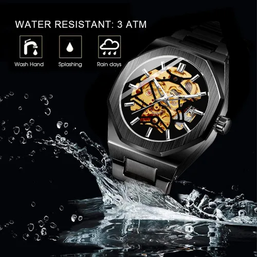 Vista 6 de Tiong Reloj de pulsera mecánico de acero inoxidable de esqueleto de lujo, resistente al agua, negro, automático, para hombre
