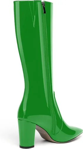 Vista 166 de AMBELIGHT Botas altas hasta la rodilla con cremallera y puntera puntiaguda para mujer, de patente sólida, tacón alto, 3.3 pulgadas