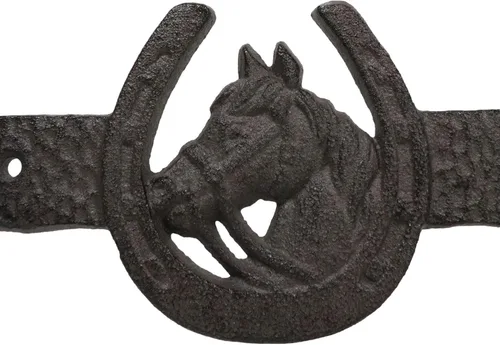 Vista 3 de Ebros Gift Cabeza de caballo rústica occidental con 3 herraduras con dije de la suerte, abrigo, llavero, correa, 2 clavijas, gancho de doble pared