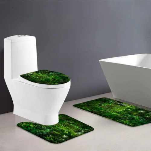 Vista 2 de Alfombra de baño de selva tropical, palmeras verdes selva, hojas, paisaje, naturaleza, vegetal, follaje exuberante, arbusto, árbol, juego de 3