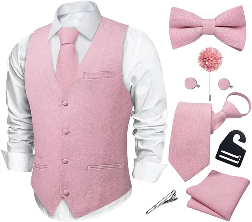 Vista 16 de DiBanGu Conjunto de corbata con cremallera y chaleco de lino para hombre Negro