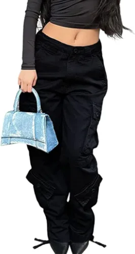Vista 2 de Wyeysyt Pantalones cargo para mujer Y2K con múltiples bolsillos, pantalones holgados de cintura alta, pantalones de senderismo fruncidos