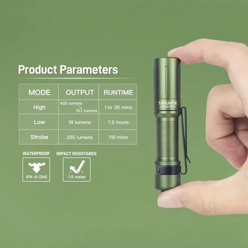 Vista 8 de ThruNite Archer Mini linterna EDC, linternas de bolsillo recargables USB-C de 405 lúmenes, IPX8 impermeable mini bolígrafo con clip para transporte