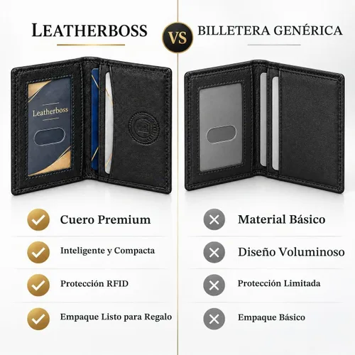 Vista 9 de Leatherboss Cartera Bifold Delgada de Cuero Genuino Porta Tarjetas de Crédito, Débito e ID Compacta y Elegante con Ventanas Transparentes