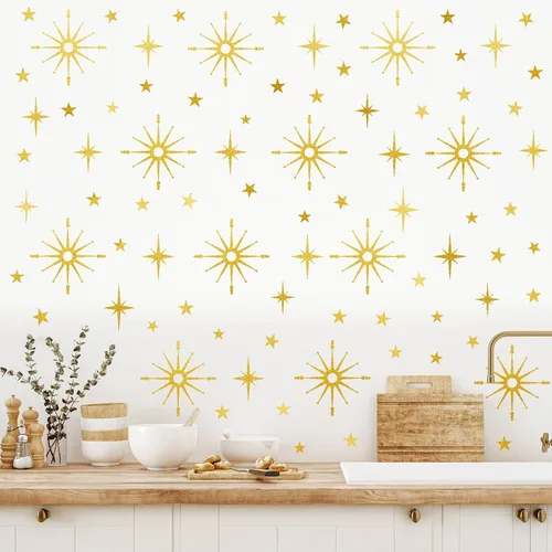 Vista 7 de Calcomanías de pared con estrella dorada, diseño retro de explosión de estrellas, calcomanías para dormitorio, sala de estar, decoración de techo