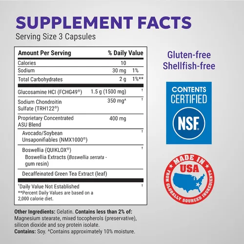 Vista 2 de Suplemento para la salud articular Cosamin Nutramax Laboratories ASU con glucosamina, condroitina y ASU para hombres y mujeres adultos, suplemento