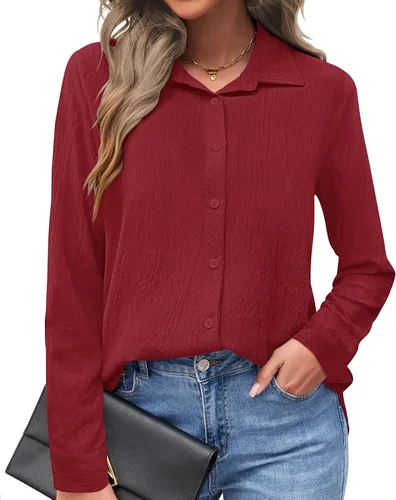 Vista 7 de AUSELILY - Camisas con botones para mujer, manga larga, cuello con botones, blusas casuales para el trabajo y negocios, túnicas