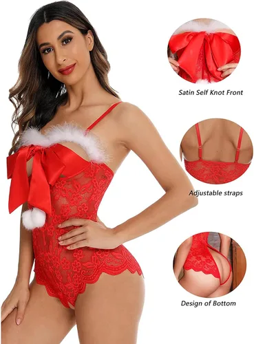 Vista 5 de Camisón de Navidad sexy para mujer, color rojo, hueco, lencería negra para mujer, disfraz de juego sexual (rojo, XXXL)