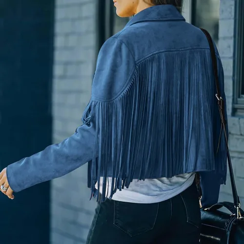 Vista 3 de DESKABLY Women Fashion Cropped Tassel Fringe Faux Suede Leather Jacket Fall Winter Long Sleeve Lapel Neck Moto Coat Outwear