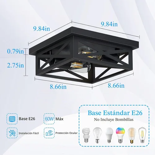 Vista 2 de SKEJAO Lámpara de techo de montaje empotrado negra, 2 luces cuadradas para pasillo, montaje de techo para granja, cocina, pasillo, dormitorio