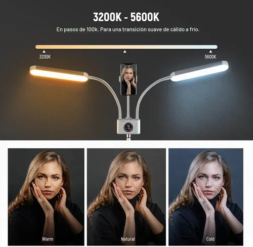 Vista 2 de NEEWER Kit de Luz de Esteticista con Soporte para Teléfono y Bolsa de Viaje, Soporte para Control 2.4G/PC/MAC y Control Separado de 2 Cabezales