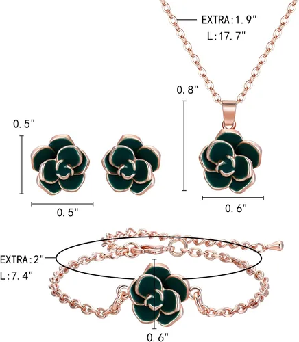 Vista 5 de EleQueen Rose Flower Necklace Earrings Bracelet Set 14K Green Rose Gold Plated Hypoallergenic Jewelry Sets Gift for Women