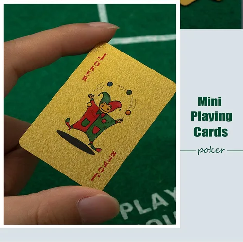 Vista 2 de VOVCIG Mini cartas de juego, juego de cartas en miniatura doradas de 2 barajas impermeables, cartas de póquer, cartas de póquer de viaje