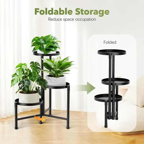 Vista 5 de Soporte esquinero de 3 niveles para plantas para interiores y exteriores, estante de metal para plantas con bandeja de 10 pulgadas de ancho, soporte