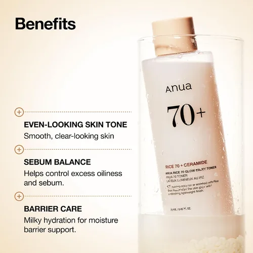 Vista 3 de ANUA Rice 70 Glow Milky Toner, para piel de vidrio, agua de arroz, niacinamida, ceramidas, pantenol, sin fragancia, no comedogénico, seguro