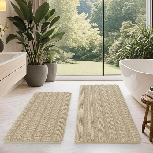 Vista 78 de ACCUMTEK - Juego de alfombras de baño a rayas beige de 3 piezas, ultrasuaves, antideslizantes de chenilla, alfombras de baño mullidas y absorbentes