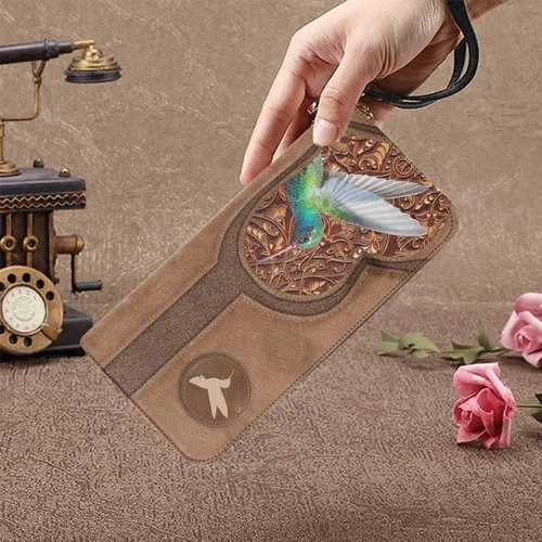 Vista 3 de Pulsera de mano con nombre personalizado con correa, flores moradas personalizadas y cartera de perro con cierre de cremallera