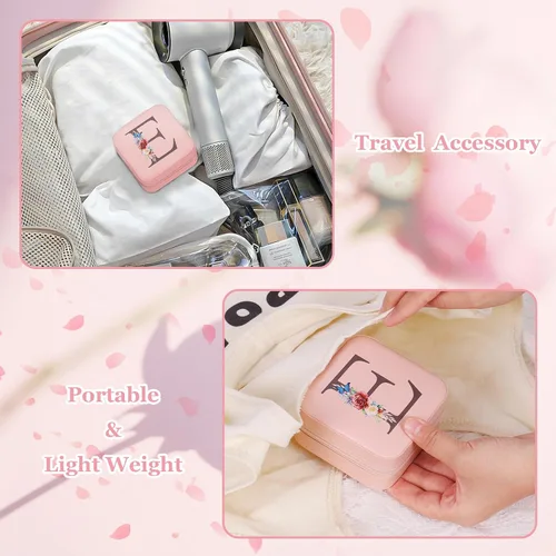 Vista 5 de Joyero de viaje, pequeño joyero, regalos para mujeres y niñas, mini organizador de joyas portátil rosa para aretes, anillos, collares con inicial J