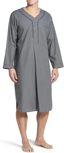 Vista 2 de Camisón de algodón para hombre, cuello en V, manga larga, con botones, camisón de verano, de longitud media, Henley, ropa de dormir