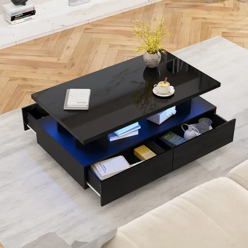 Vista 4 de MHOM Mesa de centro LED de 41.3 pulgadas, moderna mesa de sala de estar de alto brillo con 4 cajones, elegante mesa central para sala de estar, Negro