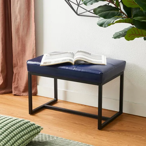 Vista 12 de Glitzhome Banco otomano, sillas modernas de piel sintética con marco de metal, taburete de maquillaje, taburete acolchado para sala de estar Negro