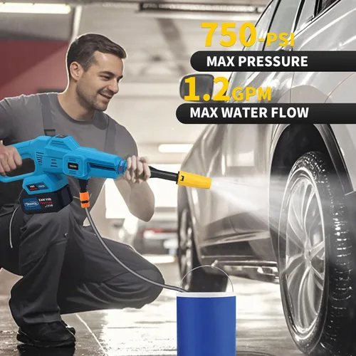 Vista 2 de Lavadora a presión inalámbrica, limpiador eléctrico portátil, agua de alta presión de 750 PSI, 3 velocidades, boquilla 6 en 1 lavadora a presión