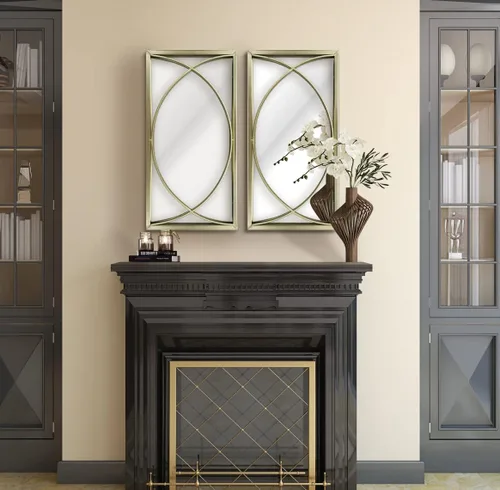 Vista 4 de Espejo de pared rectangular dorado con marco de metal, juego de espejos decorativos para pared, espejos colgantes para sala de estar, dormitorio