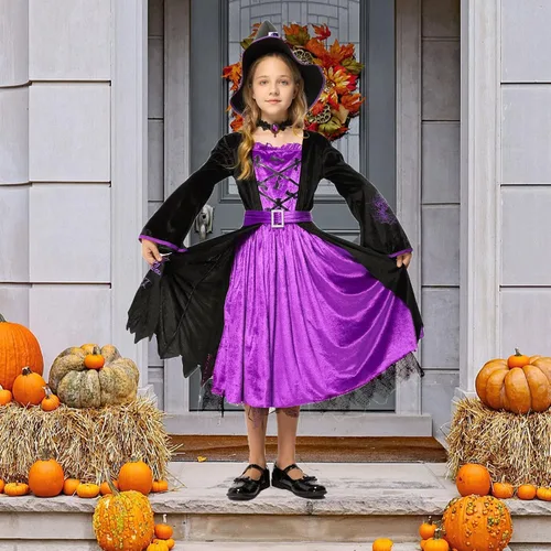 Vista 6 de Disfraz de bruja para niñas juego de bruja de cuento de hadas de Halloween vestido de bruja de Halloween