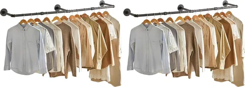 Vista 9 de IBUYKE TYJ003H - Perchero industrial de tubería montado en la pared, 70 Barras de armario para colgar ropa, perchero multiusos resistente