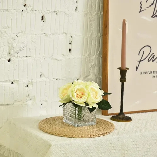 Vista 7 de Centros de Mesa de Flores de Peonía de Seda Artificial Arreglo Floral Falso en Florero de Vidrio para Decoración de Mesa de Boda en Casa (Champán)