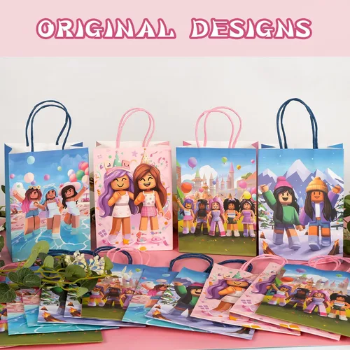 Vista 2 de Kauai Sun 16 bolsas de fiesta temática de juegos, cuatro diseños únicos, bolsas de regalo para niñas y niños, bloques para niños, suministros