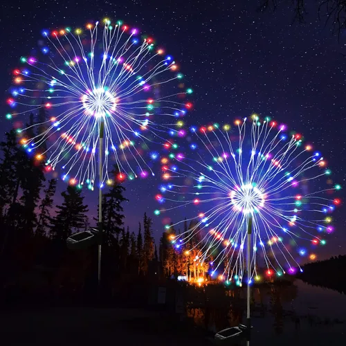 Vista 11 de JJGoo Luces solares para exteriores, fuegos artificiales, paquete de 2, 120 luces LED solares impermeables para exteriores, jardín, patio, valla