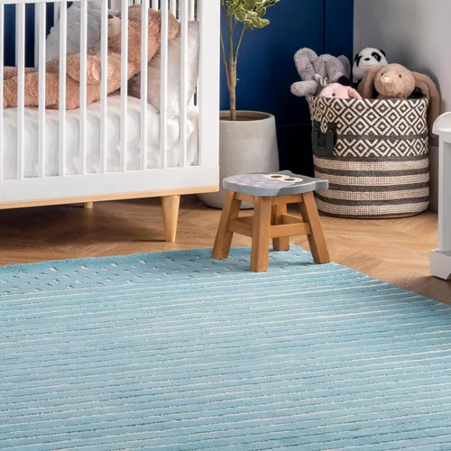 Vista 8 de Rugs USA Mandia - Alfombra de lana a rayas, redonda, 4 pies, color azul bebé