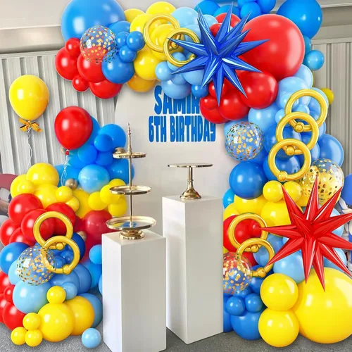 Vista 3 de Kit de arco de globos de dibujos animados, 184 globos largos de confeti de color rojo, amarillo, azul, dorado con globo de aluminio de estrella