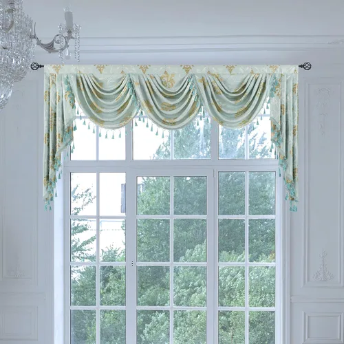 Vista 15 de Cenefa de cascada de damasco jacquard, aguamarina, 39 pulgadas de ancho, 1 panel Damask Waterfall Valance, Rod Pocket with Tassels Valance, For