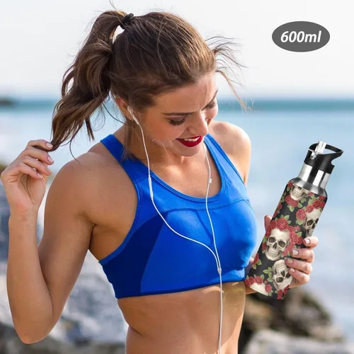 Vista 6 de BPA-Free Sport Water Bottle 32 Oz, Stainless Steel Water Bottle for Gym Outdoor Travel School, Skulls Vibrant Red Roses