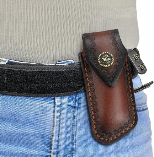 Vista 6 de Funda de cuchillo de bolsillo de 4/4.5 pulgadas, funda de cuero portátil para cuchillo con diseño de agujero para colgar para cinturón