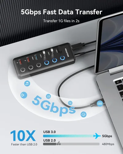Vista 3 de Wenter Hub USB 3.0 de 6 puertos USB 3.0 (4 puertos de datos USB 3.0 + 2 puertos de carga rápida QC 3.0) con interruptores LED individuales