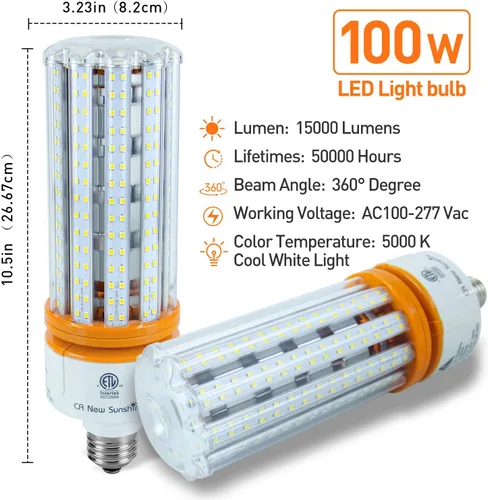 Vista 2 de Bombilla LED tipo mazorca equivalente a 1000 vatios, bombillas LED tipo mazorca de 15000 lúmenes, 5000 K, luz blanca diurna, base E26/E39 media
