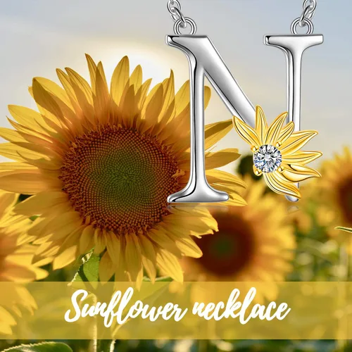 Vista 6 de POPLYKE Collar de girasol con inicial, regalos de girasol para mujeres y niñas, letra del alfabeto, letra y nombre, Plata esterlina, cristal