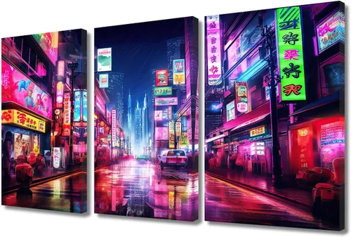 Vista 85 de Lienzo decorativo para pared de sala de estar, lienzo Cyberpunk, decoración de pared de 3 paneles, decoración de pared para el hogar, dormitorio