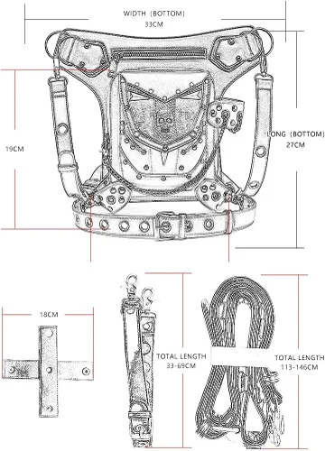 Vista 7 de Steampunk - Riñonera de piel gótica con diseño de calavera bandolera cruzada con hombros y muslos y caderas para mujeres y hombres WP-BG097BK