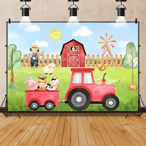Vista 12 de Telón de fondo rojo de granero para niños, decoración de fiesta de cumpleaños, dibujos animados de animales de granja, granero, fondo de fotografía