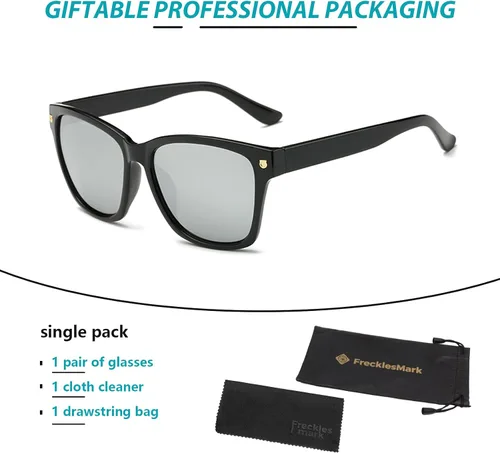 Vista 7 de Freckles Mark Gafas de sol cuadradas grandes vintage para mujer, marco de plástico negro, reflectante transparente